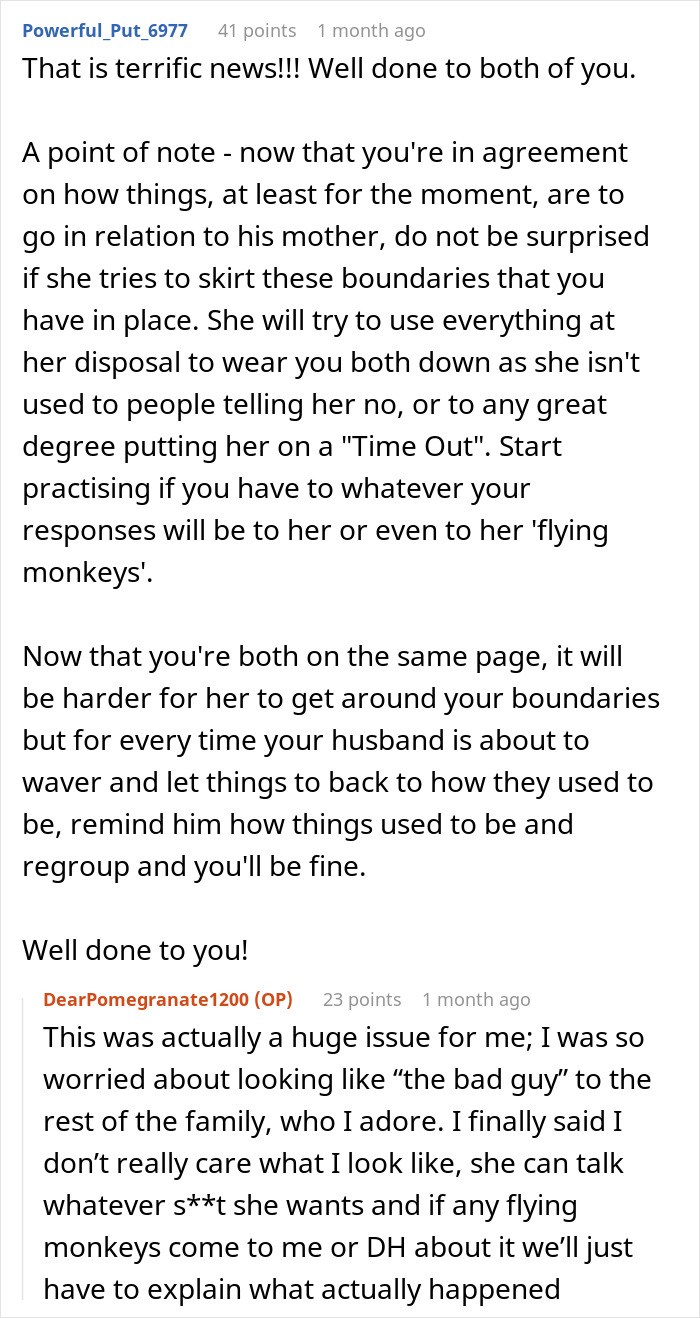 Screenshot of an online comment discussing new mom confronting MIL&rsquo;s unhinged behavior and setting firm boundaries.