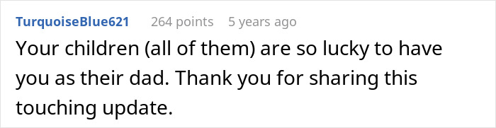 Comment expressing gratitude from a user about a dad sharing a touching update regarding his son and real parents.