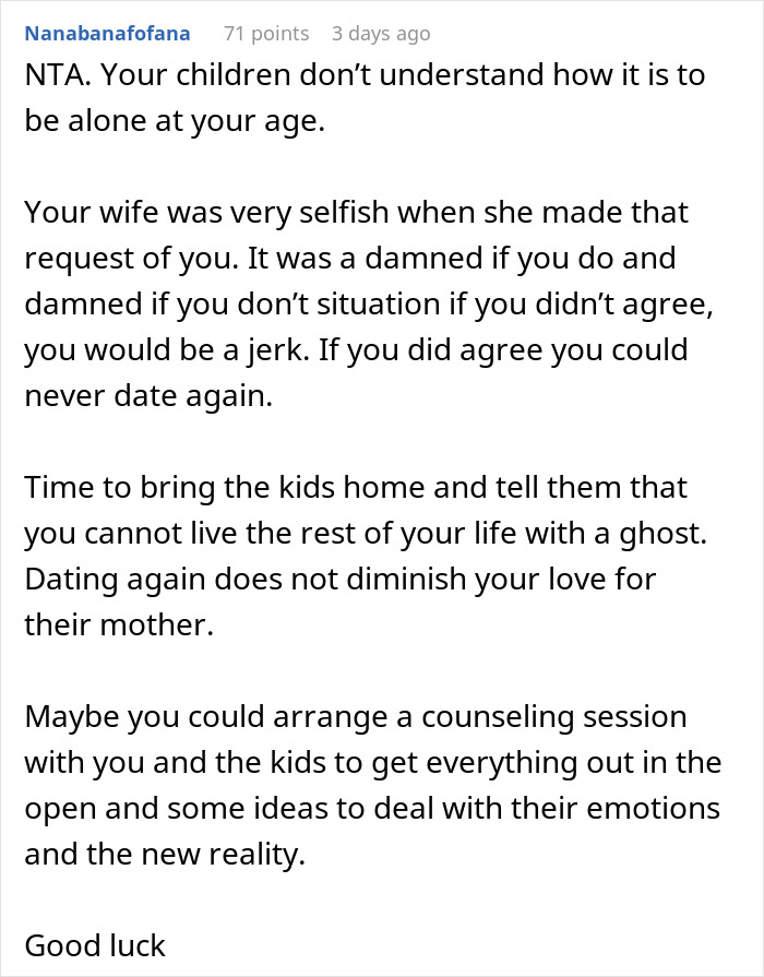 Comment on dying wife telling husband not to date, daughter calling him a cheater, discussing family emotions and counseling.