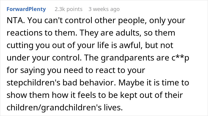 Screenshot of a Reddit comment discussing adult children hating their stepmom due to mom poisoning their opinions.