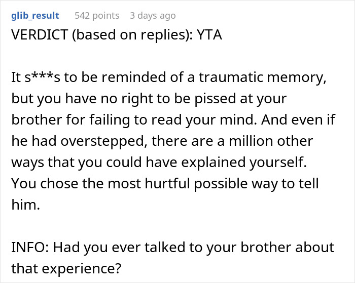 Comment showing user verdict as YTA and discussing a traumatic memory and brother's reaction after a thank you delivery.