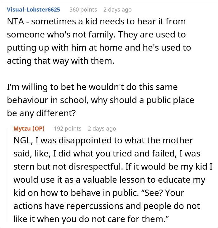 Screenshot of a Reddit discussion about a man telling a disruptive kid on a plane to shut up upsetting the mother.