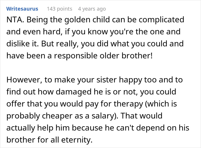 Reddit comment discussing challenges of being the golden child and proposing paying for therapy instead of an allowance.