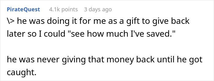 Screenshot of online comment explaining boyfriend lied and extorted money under the guise of rent for a year.