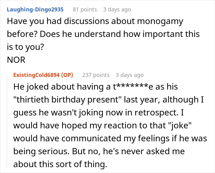 Screenshot of an online discussion about monogamy and open marriage reactions between a couple.