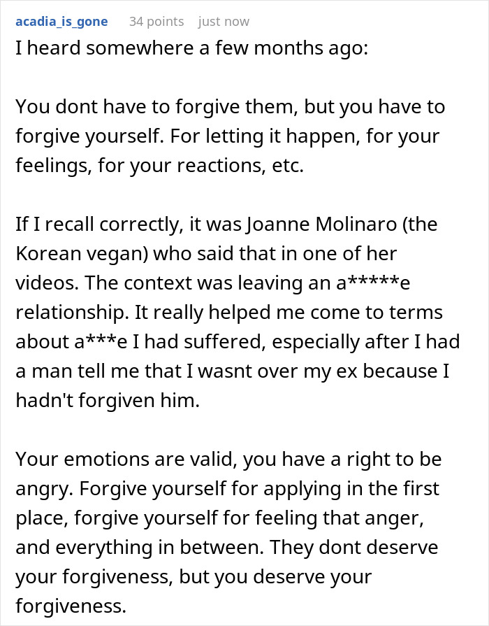 Text post discussing emotional healing and forgiveness related to being dumped by parents at boarding school and feeling anger years later.