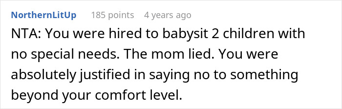 Screenshot of a comment explaining a babysitter shocked that mom hid disabled third kid, justifying quitting immediately. Screenshot of a comment explaining a babysitter shocked that mom hid disabled third kid, justifying quitting immediately.