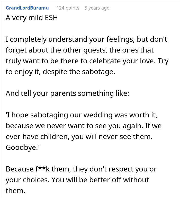 Reddit comment advising a couple on how to handle parents sabotaging their wedding days before the ceremony.