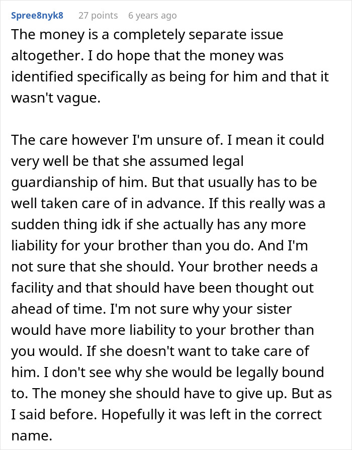 Text post discussing legal guardianship and financial responsibility for an autistic brother after sister abandons him.