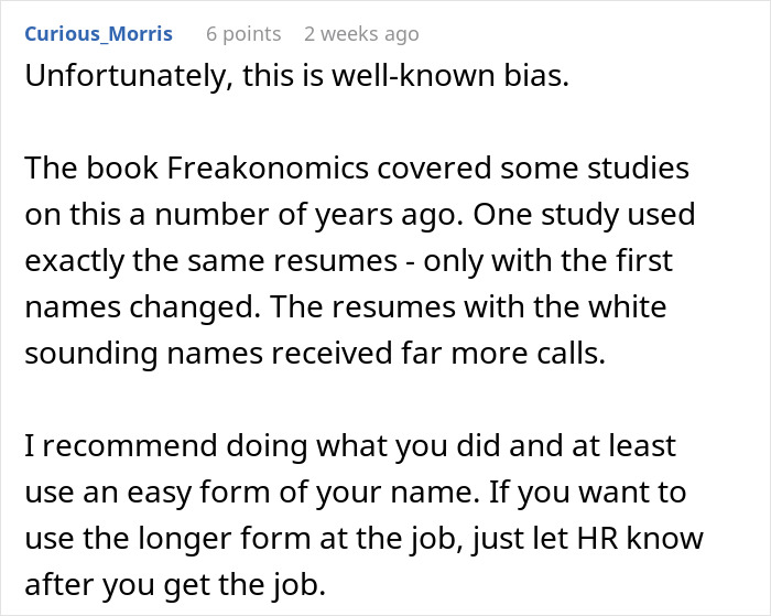 Comment discussing bias in job offers related to woman changing her name to a more white-sounding one.