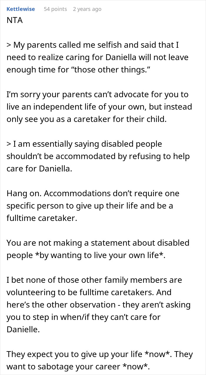 Screenshot of Reddit comment explaining a family conflict over caring for disabled sister and accusations of ableism. Screenshot of Reddit comment explaining a family conflict over caring for disabled sister and accusations of ableism.