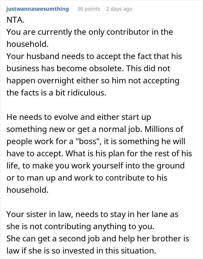 Reddit comment discussing a man refusing to get a job or have a boss after his business fails.