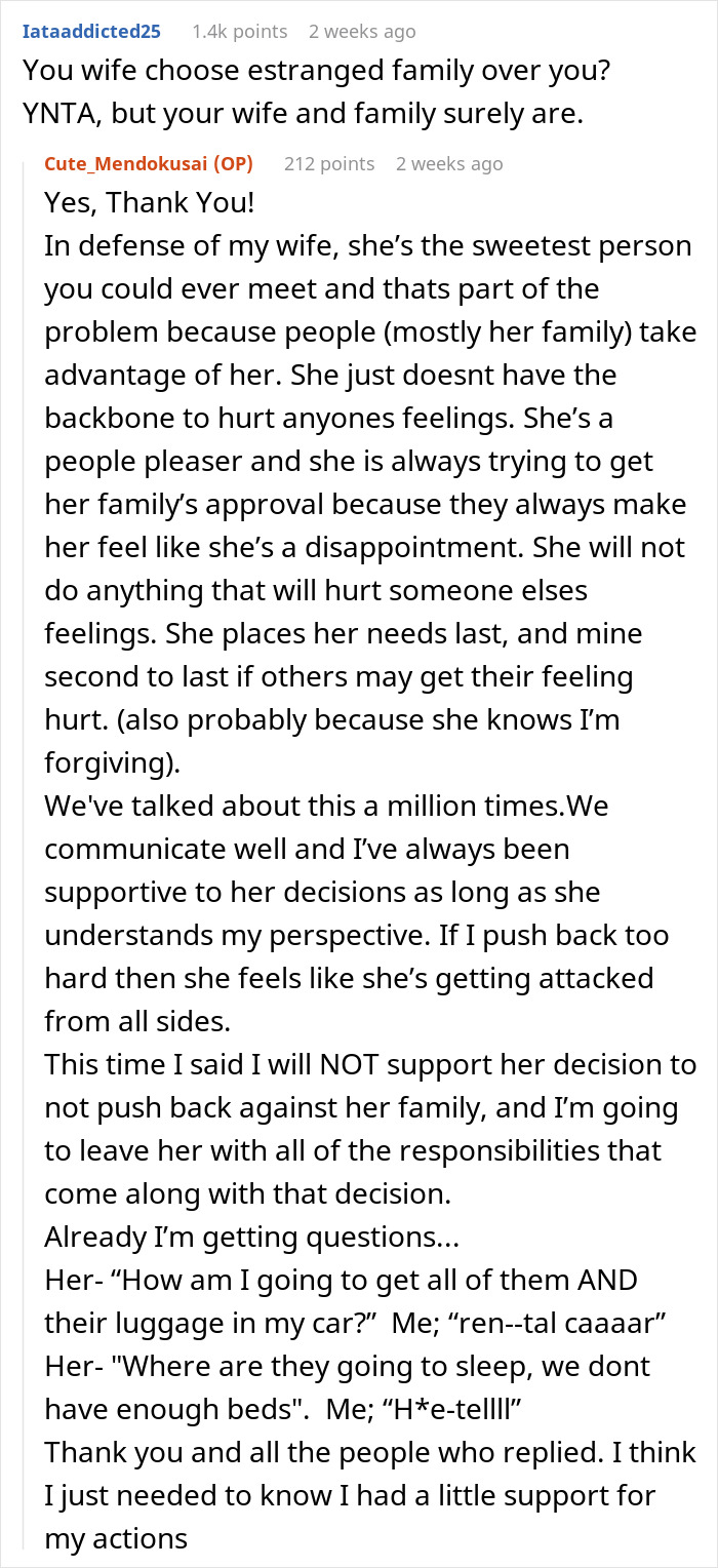 Reddit post discussing husband refusing to host wife's distant relatives due to lack of appreciation and ongoing family issues.