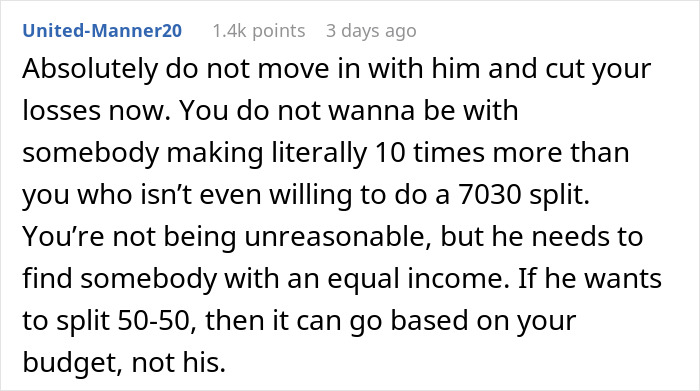 Comment discussing rich boyfriend demands equal split rent while girlfriend refuses and income inequality in relationship budgeting.