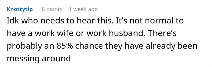 Screenshot of a social media comment discussing concerns about a work wife sending hearts and mirror selfies. Screenshot of a social media comment discussing concerns about a work wife sending hearts and mirror selfies.