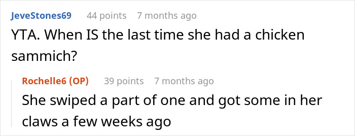 Screenshot of a Reddit conversation about a woman refusing to share her chicken sandwich with her cat.