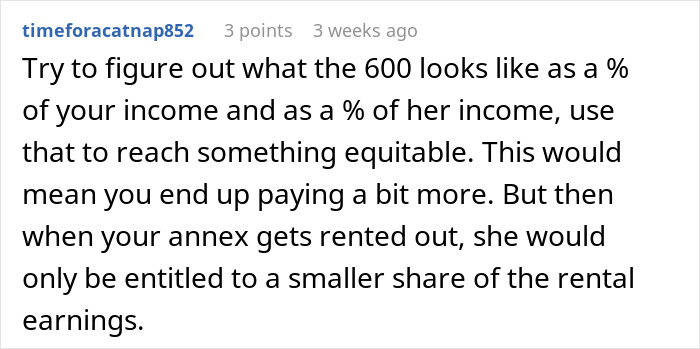 Comment discussing fairness in bill contributions and rental income sharing after a $600K house purchase by boyfriend.
