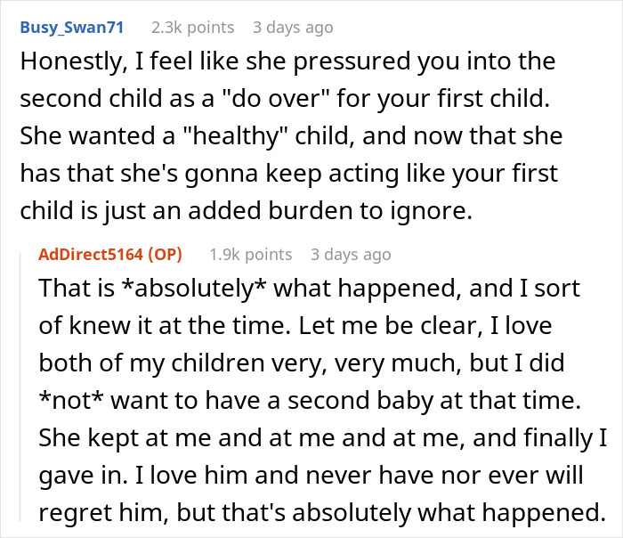 Reddit conversation about relationship struggles discussing feelings of pressure and regret related to having a second child.
