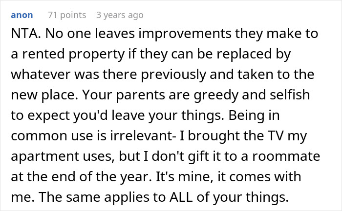 Screenshot of a Reddit comment discussing parents kicking out daughter and her reclaiming belongings from the remodeled room.
