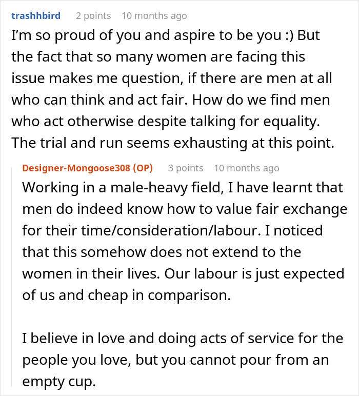 Reddit discussion about women called gold diggers for wanting fair chores and relationships based on equal labor and respect.