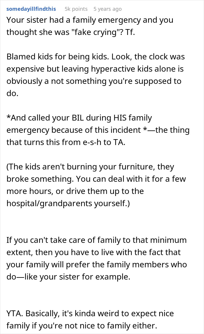 Text post discussing kicking out sister's kids during a family emergency and blaming kids for breaking items.