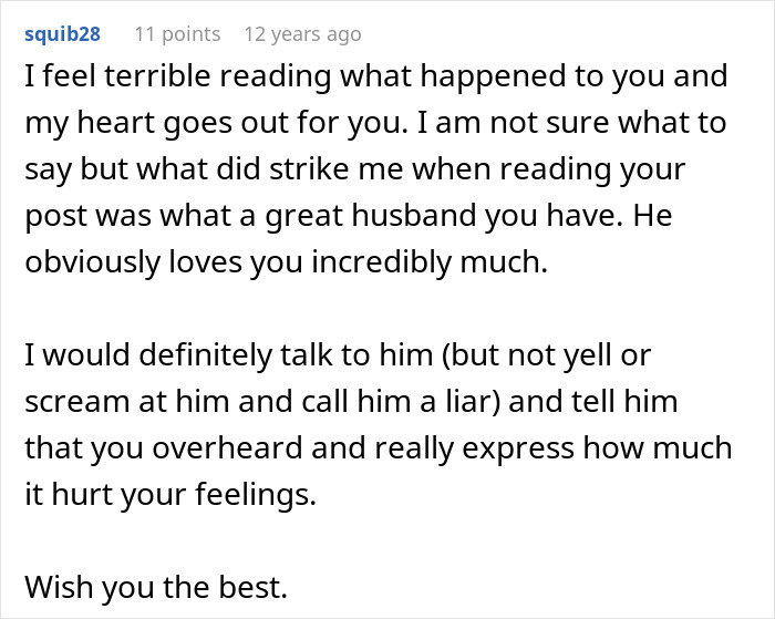 Comment expressing sympathy and advice after wife hears husband admit she&rsquo;s ugly, discussing feelings and relationship impact.
