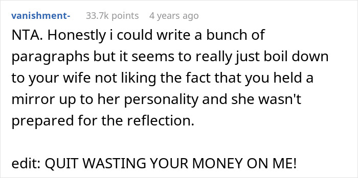 Screenshot of a Reddit comment discussing a husband calling his wife a bully triggering past bullying experiences.