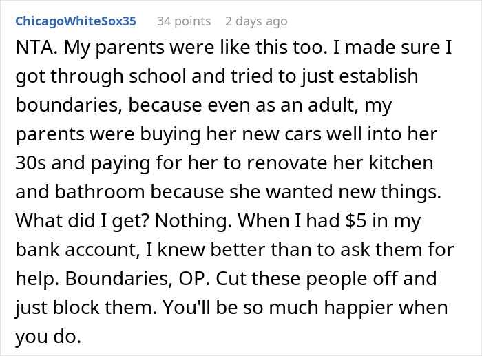 Reddit comment discussing parents spoiling daughter and neglecting son, highlighting family financial imbalance and boundaries.