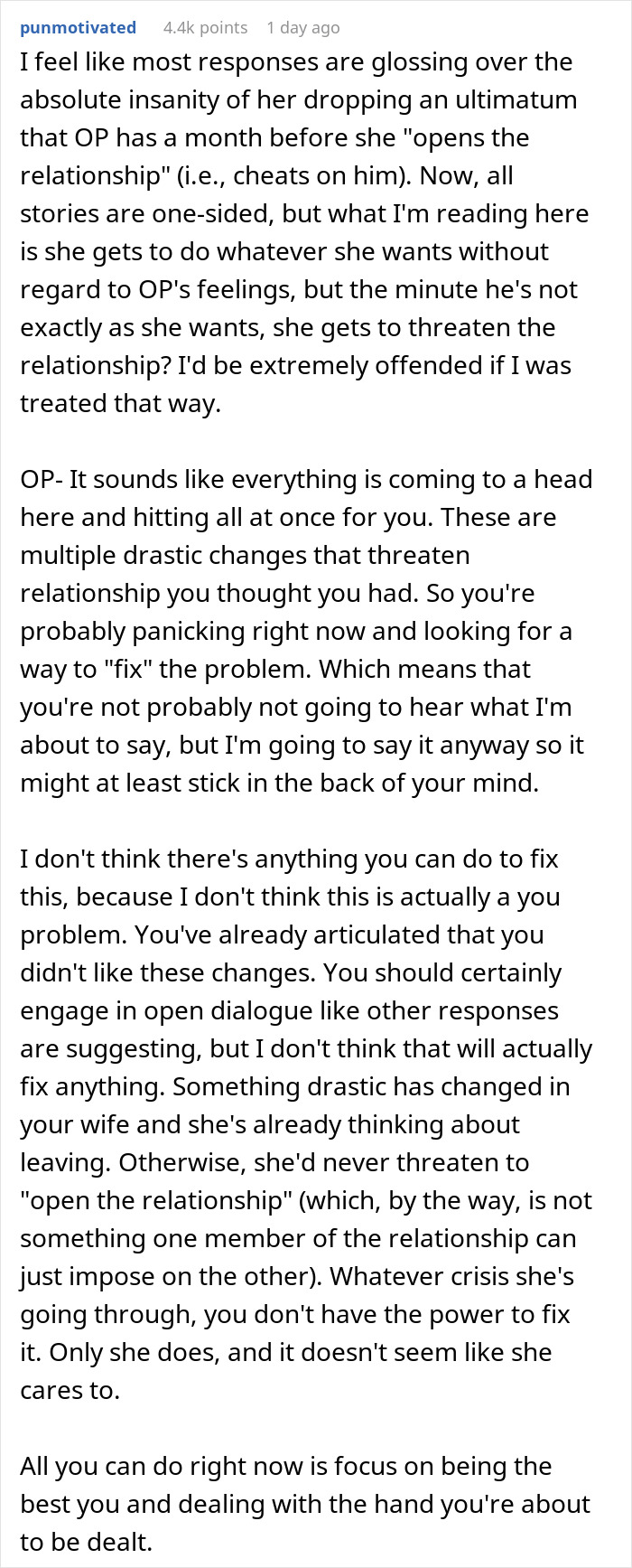 Screenshot of a Reddit comment discussing relationship issues involving husband unattracted plastic surgery wife.