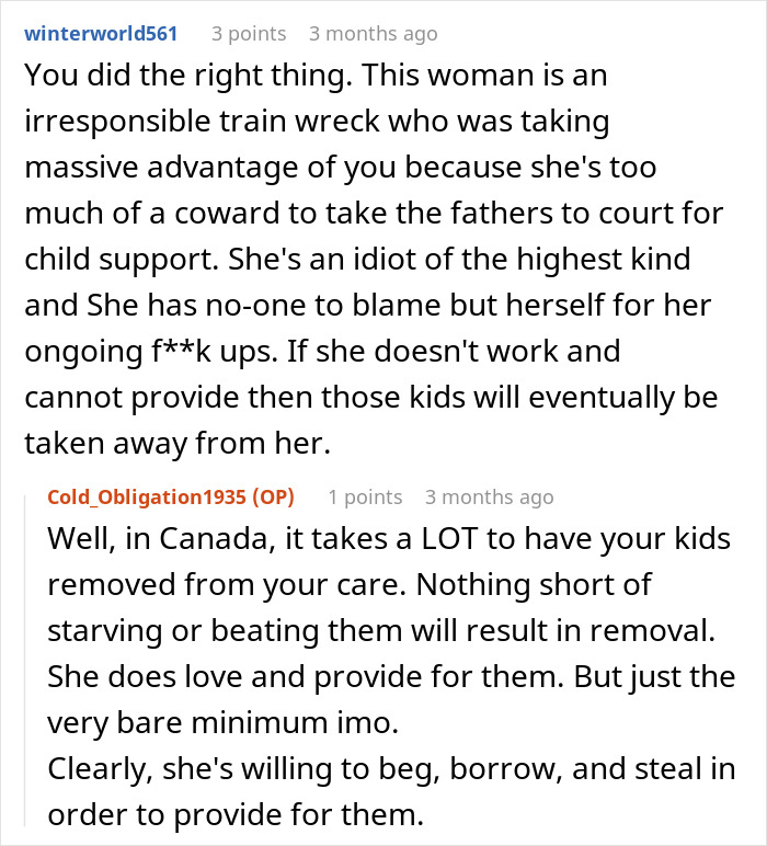 Reddit comments discussing a woman ending a decade-long friendship over being the bestie bank for a friend with 5 kids.