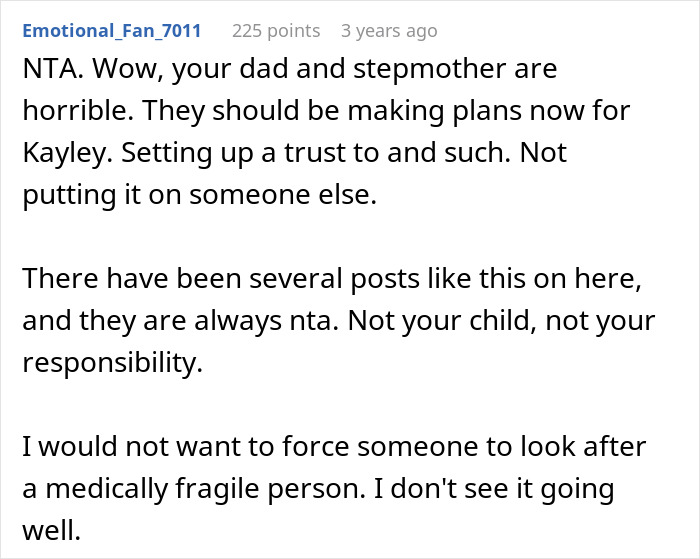Screenshot of a Reddit comment discussing caregiver role preparation and refusal for a disabled stepsister.