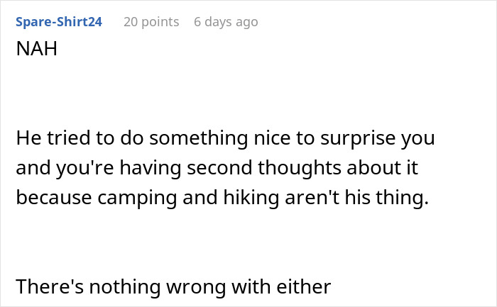 Screenshot of a Reddit comment discussing a man getting majorly hurt when his wife asks to cancel their anniversary trip surprise. Screenshot of a Reddit comment discussing a man getting majorly hurt when his wife asks to cancel their anniversary trip surprise.