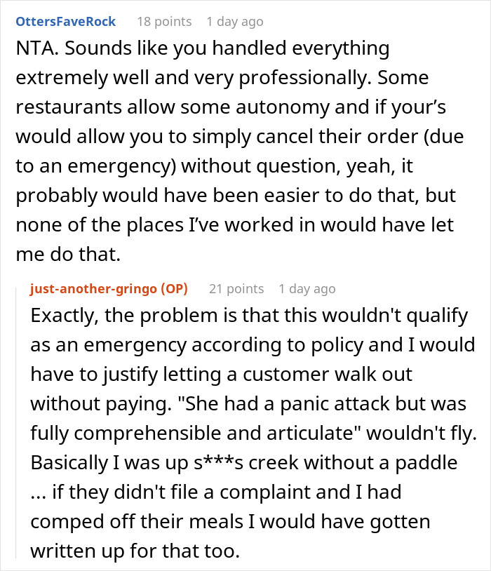 Screenshot of an online discussion about an autistic woman having a panic attack at a restaurant and food service issues.