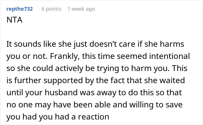 Comment discussing harm caused by monster-in-law and the ensuing police escort and home ban situation.