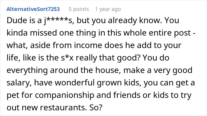 Screenshot of an online comment discussing concerns about husband feeling emasculated when wife makes more money than him.