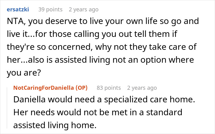 Reddit conversation discussing family conflict over refusal to care for disabled sister and accusations of ableism. Reddit conversation discussing family conflict over refusal to care for disabled sister and accusations of ableism.