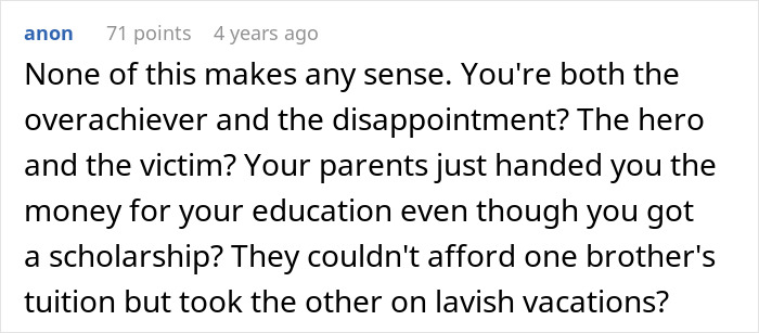 Comment discussing entitlement and family dynamics related to a rich golden child demanding an allowance for doing nothing.