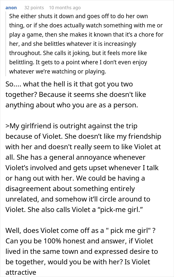 Text-based discussion about a girlfriend not wanting boyfriend to go on trip with female friend, causing relationship reconsideration.