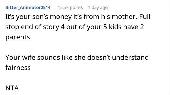Online comment discussing wife throwing tantrum over husband not revealing stepson's inheritance from late mother.