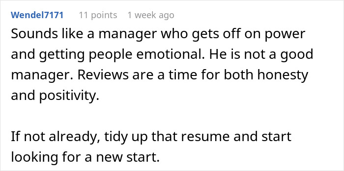 Comment text in black font on a white background about a manager and advice to update resume for a new start.