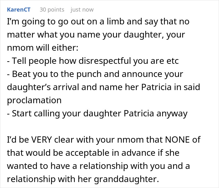 Comment discussing conflicts with entitled lady mad grandkid refusing relationship and naming the child Patricia.