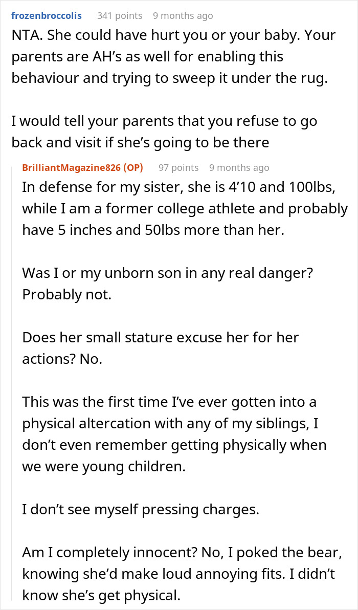 Reddit comments discussing a pregnant woman going no-contact with her sister after a Thanksgiving conflict.