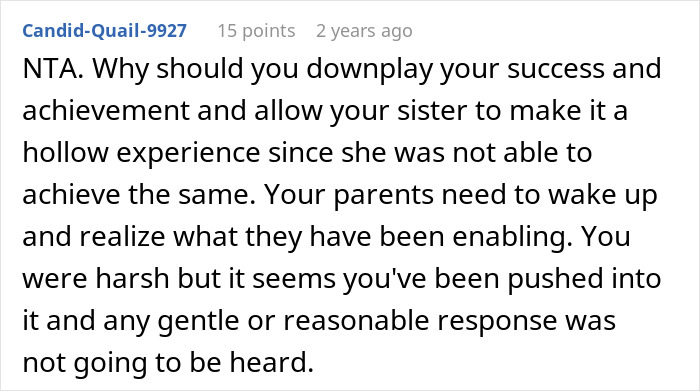 Comment discussing family dynamics after sister gets into college of her dreams, highlighting golden child&rsquo;s reality check.