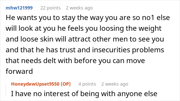 Conversation about wife planning surgery after weight loss and husband calling her selfish for postponing another child.