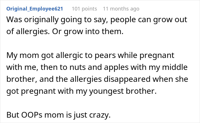 Screenshot of a forum comment discussing food allergies and sharing personal family allergy experiences related to parents lied food allergies.