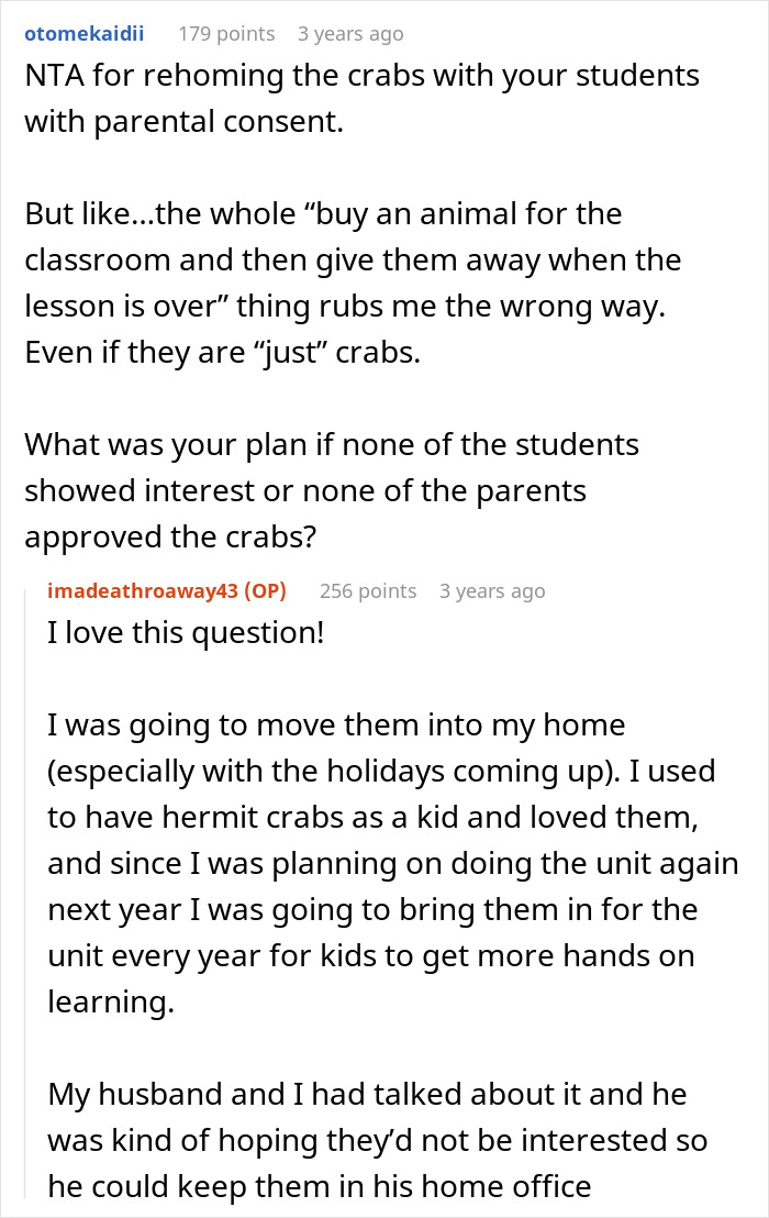 Comments discussing a teacher giving kids hermit crabs as pets and parental concerns after one dies.
