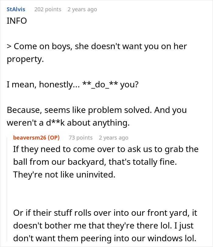 Online discussion highlighting neighbor blaming woman for wanting privacy while kids peek through windows.