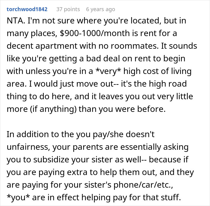 Comment discussing refusal to keep paying rent after discovering sister lives rent free, highlighting unfairness and high cost.