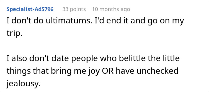 Screenshot of a forum comment discussing jealousy and relationship boundaries related to a trip with a female friend.