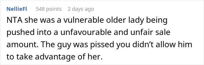 Comment highlighting a vulnerable widow being unfairly pressured in a low-price golf club sale and a rich guy trying to rip her off.